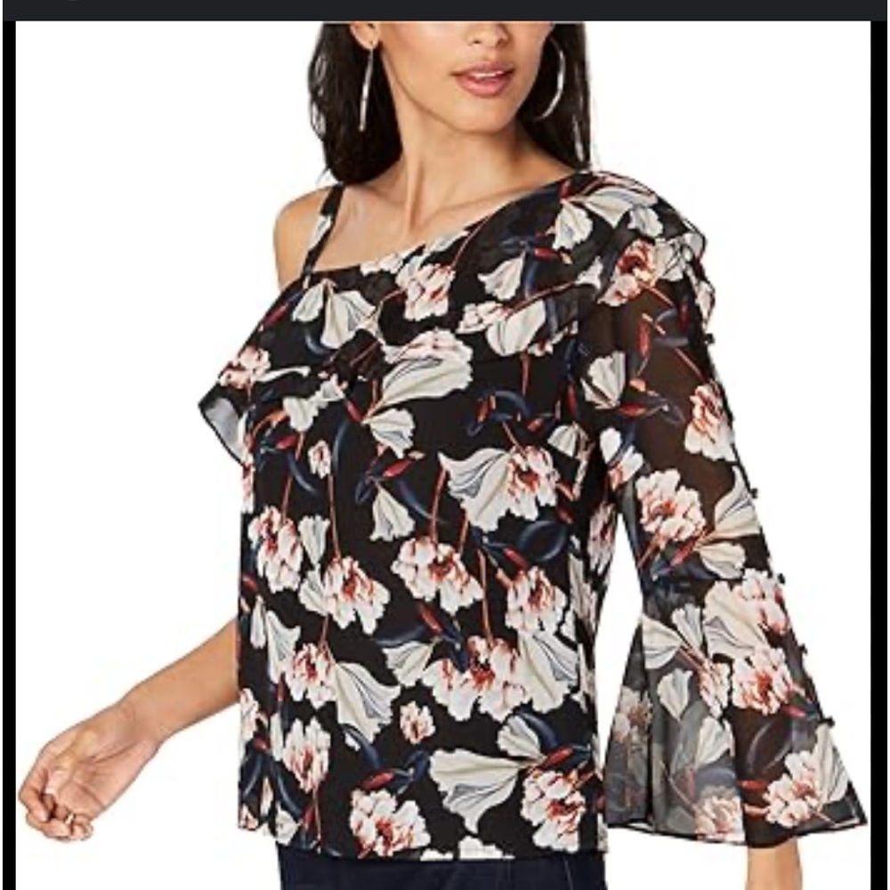 INC black floral one strap & sleeve chiffon dress blouse shirt top S flowy